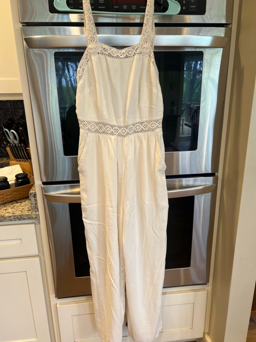 American Eagle Outfitters Cream Crochet-Trim Jumpsuit